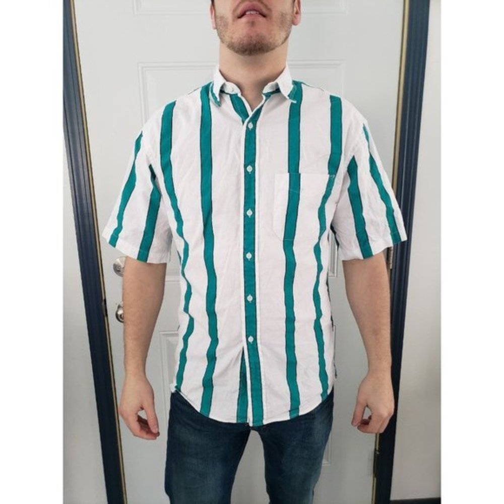 Vintage 80s/90s Teal and White 100% Cotton Button Down